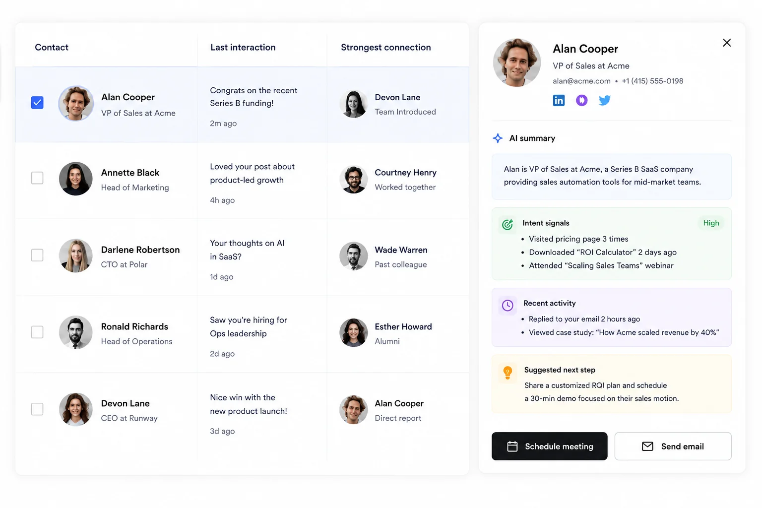 Lead summary and recommended actions interface