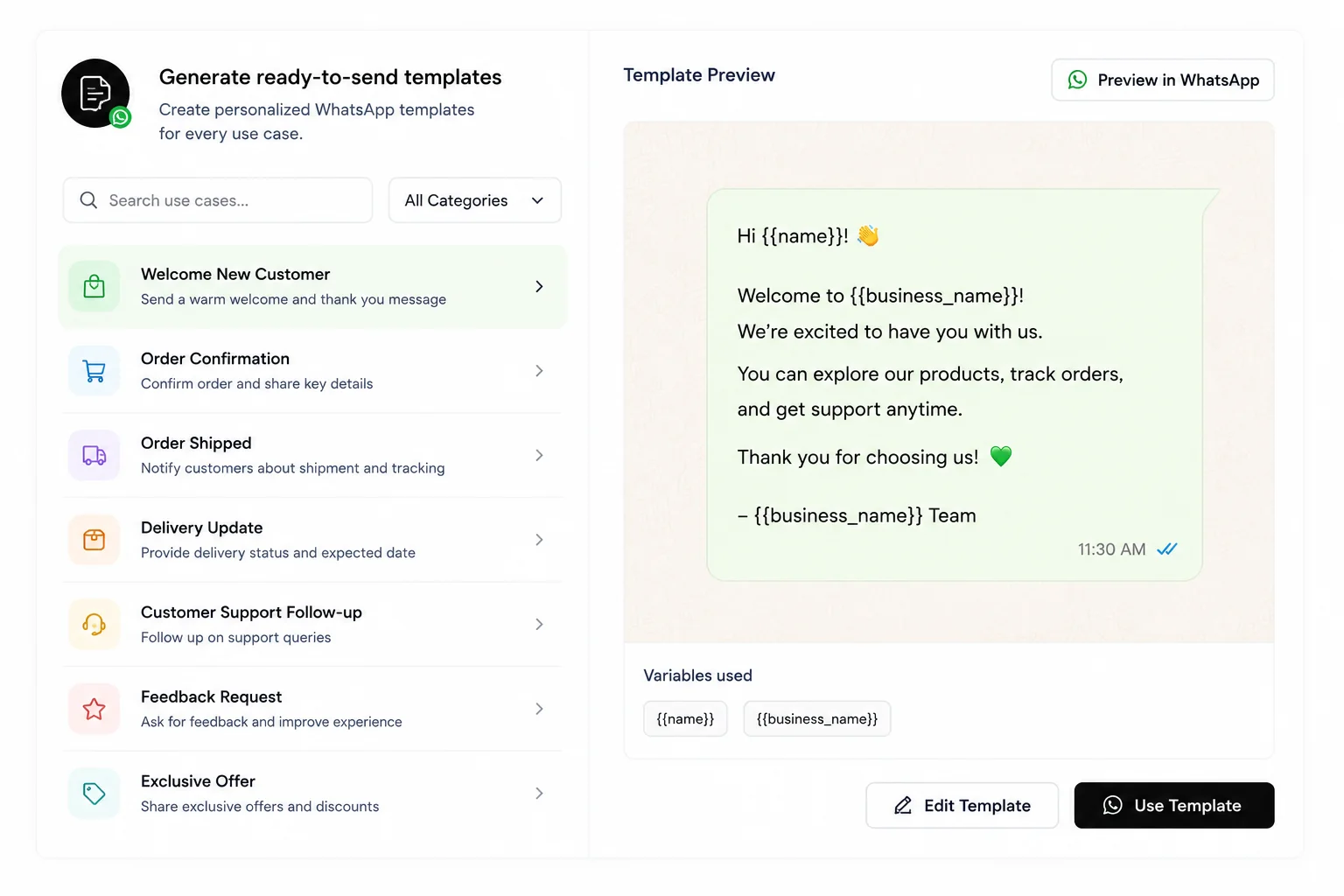 Ready-made WhatsApp template library interface